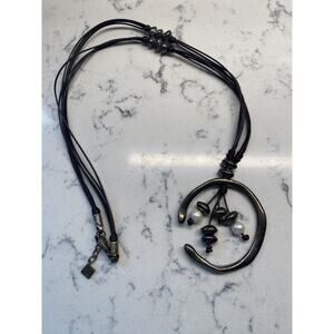 Vidda Necklace Leather Strap Silver Alloy Beads Handcrafted 21" Boho